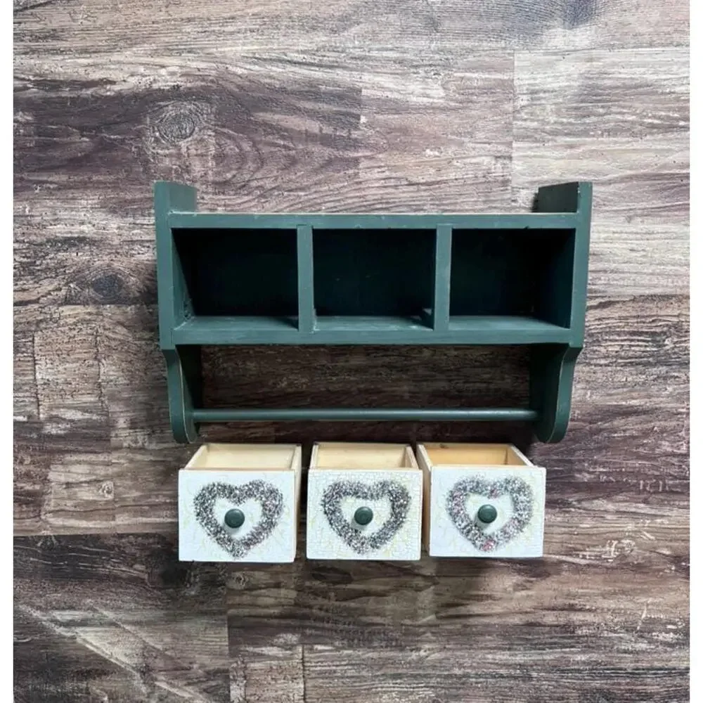 Vintage Wooden Wall Shelf with 3 Drawers | Cottage Kitchen Organizer